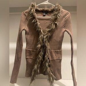 Vintage Y2K Tracy M Women's Brown Cardigan with Faux Fur Trim size Small